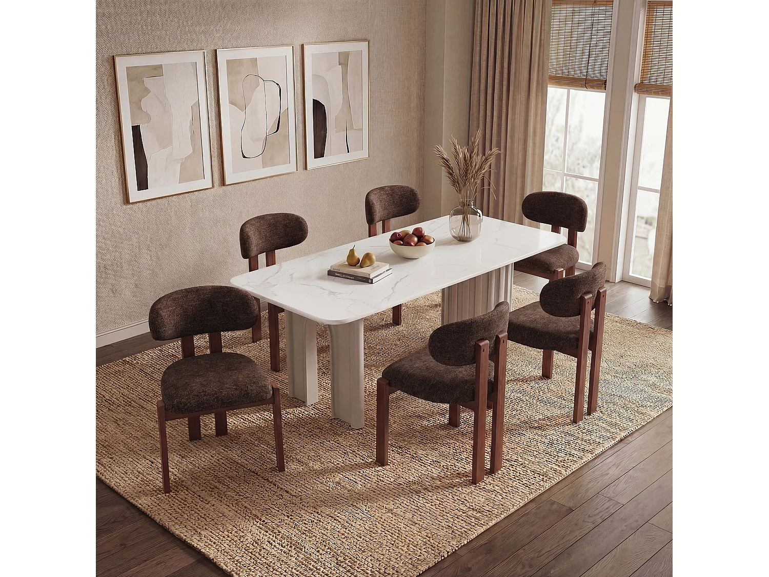 Lot de 2 chaises marron foncé SMARTUE, revêtement en tissu chenille, assise épaisse, dossier incurvé, pieds en bois d’hévéa