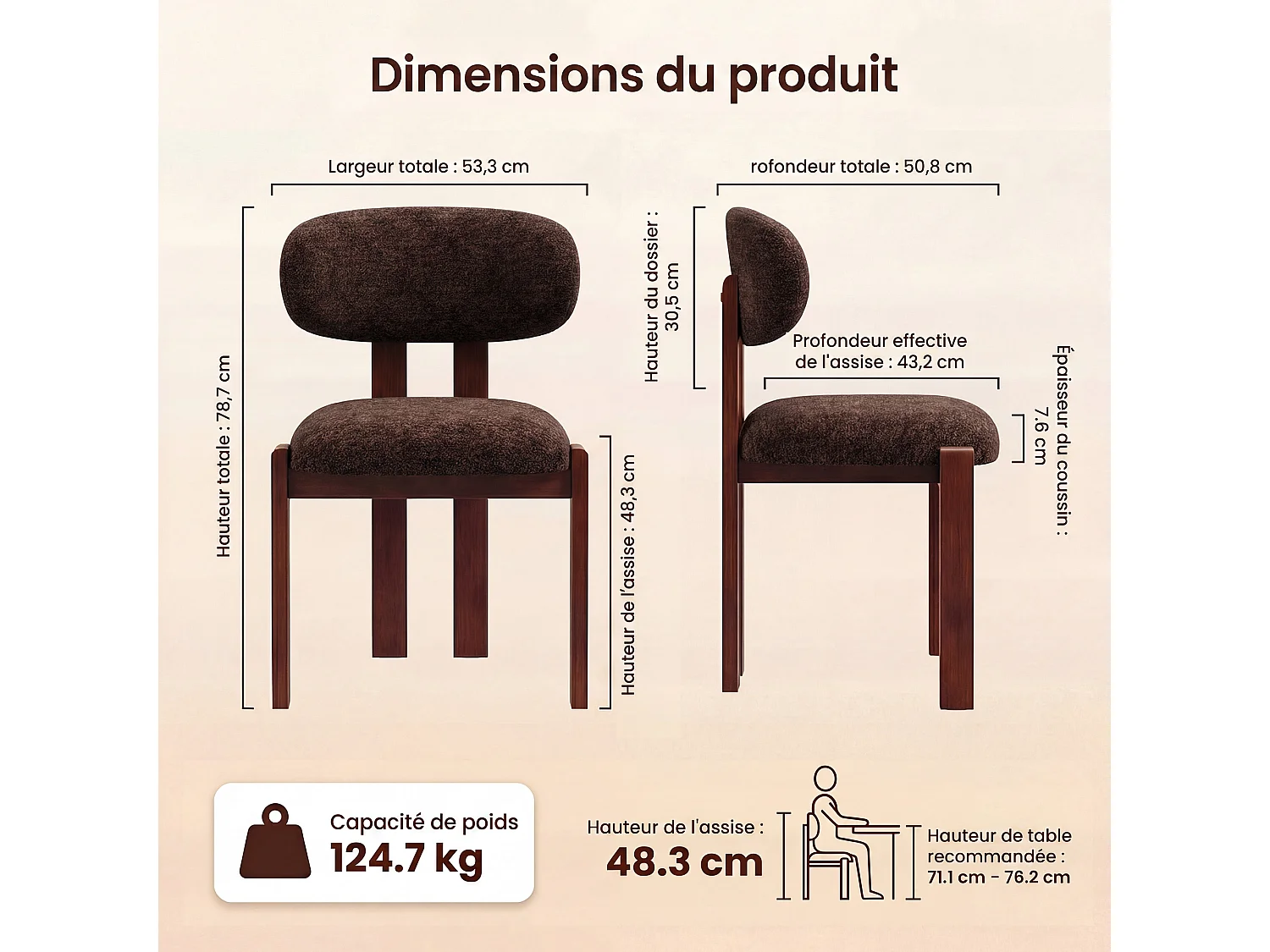 Lot de 2 chaises marron foncé SMARTUE, revêtement en tissu chenille, assise épaisse, dossier incurvé, pieds en bois d’hévéa