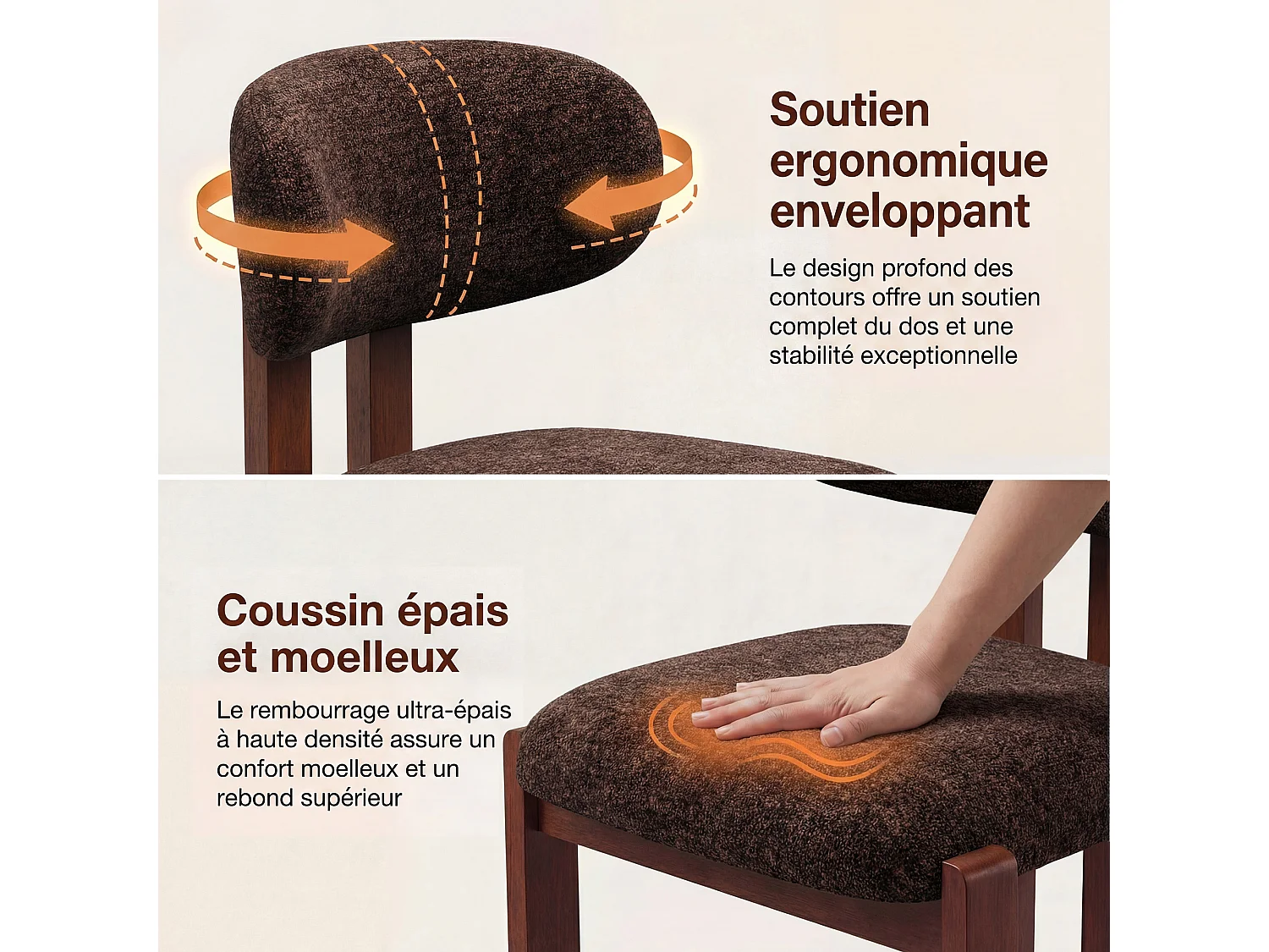 Lot de 2 chaises marron foncé SMARTUE, revêtement en tissu chenille, assise épaisse, dossier incurvé, pieds en bois d’hévéa