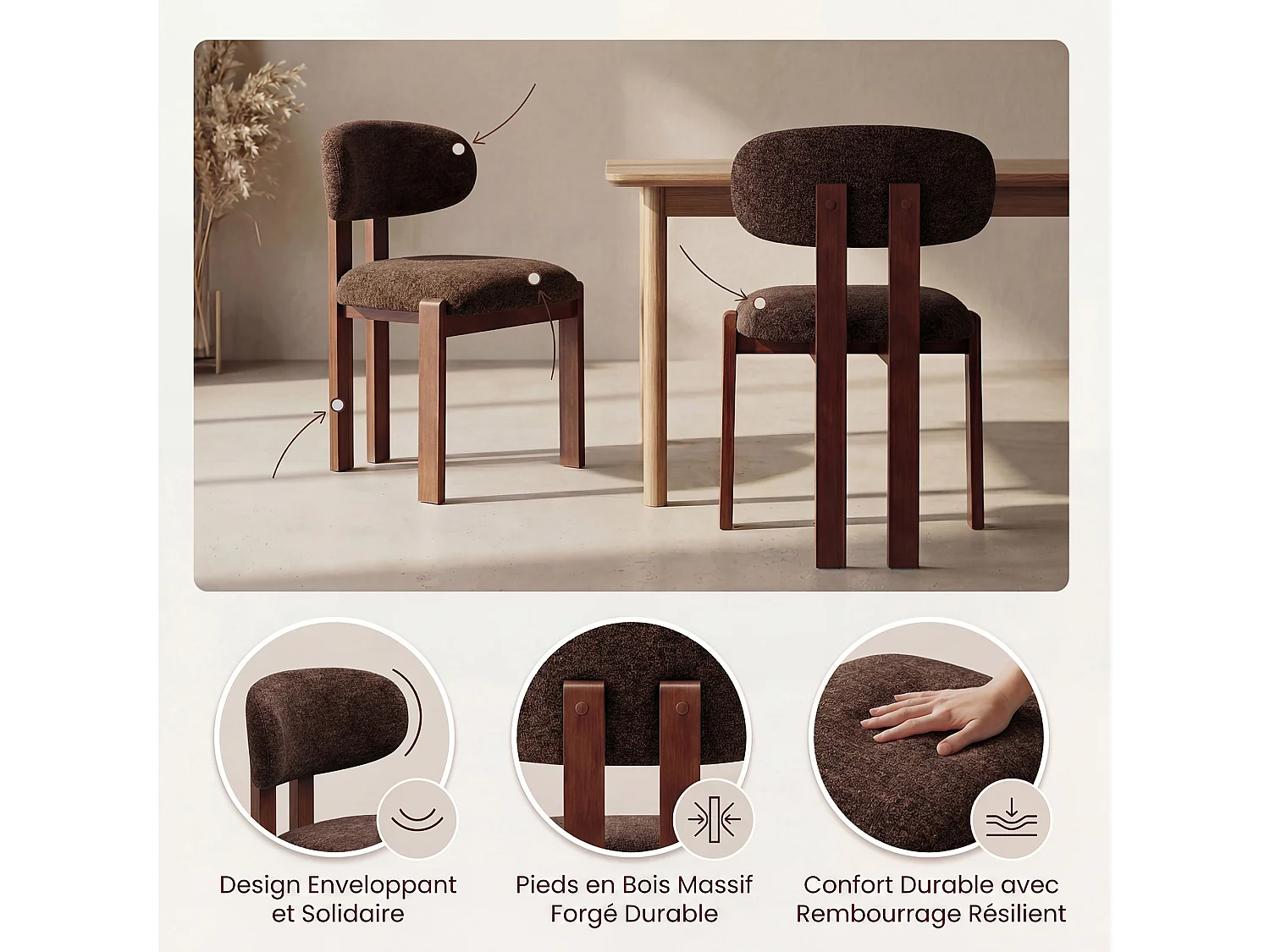Lot de 2 chaises marron foncé SMARTUE, revêtement en tissu chenille, assise épaisse, dossier incurvé, pieds en bois d’hévéa