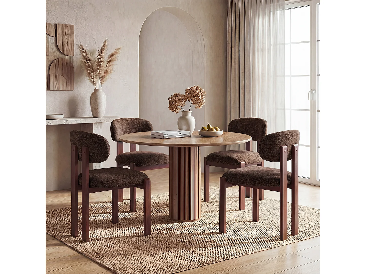 Lot de 2 chaises marron foncé SMARTUE, revêtement en tissu chenille, assise épaisse, dossier incurvé, pieds en bois d’hévéa