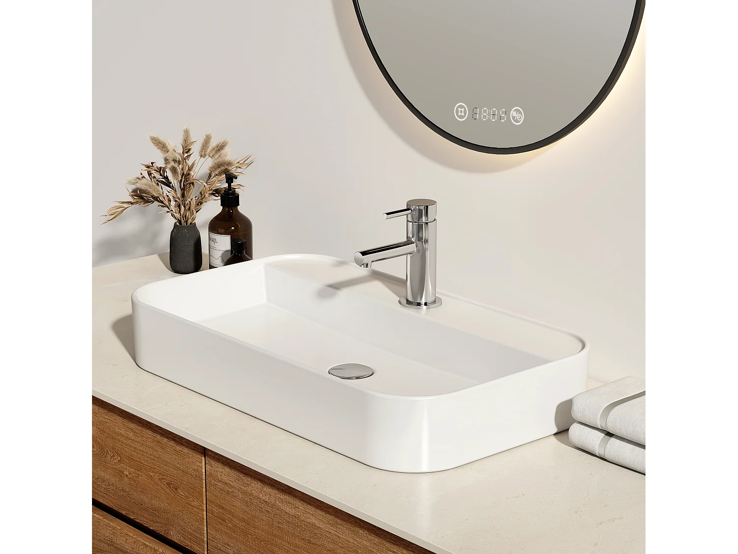 EMKE Vasque à Poser en céramique 70x40x11cm, Lavabo rectangulaire avec robinet trou prépercé, Lavabo à poser blanc brillant