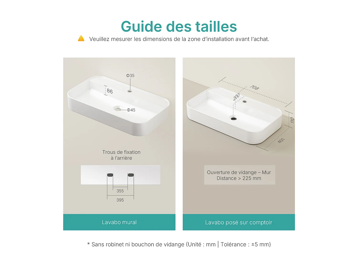 EMKE Vasque à Poser en céramique 70x40x11cm, Lavabo rectangulaire avec robinet trou prépercé, Lavabo à poser blanc brillant