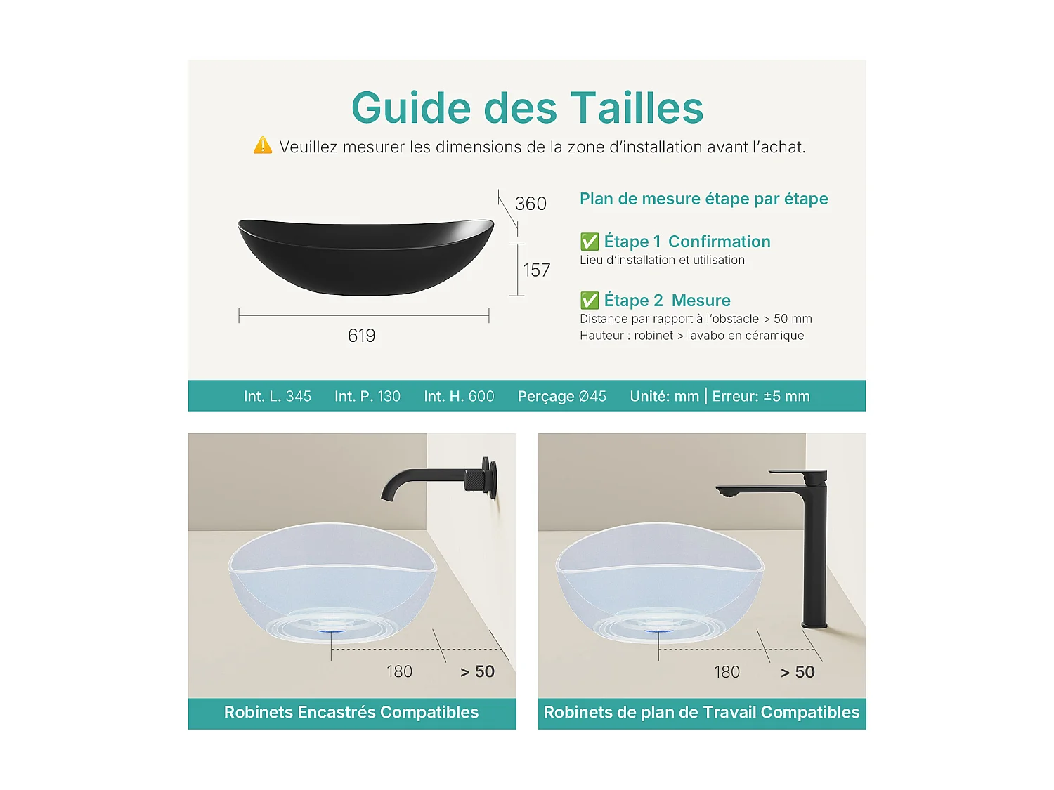 EMKE Aufsatzwaschbecken aus Keramik, 615 x 360 x 155 mm, oval, mattschwarz
