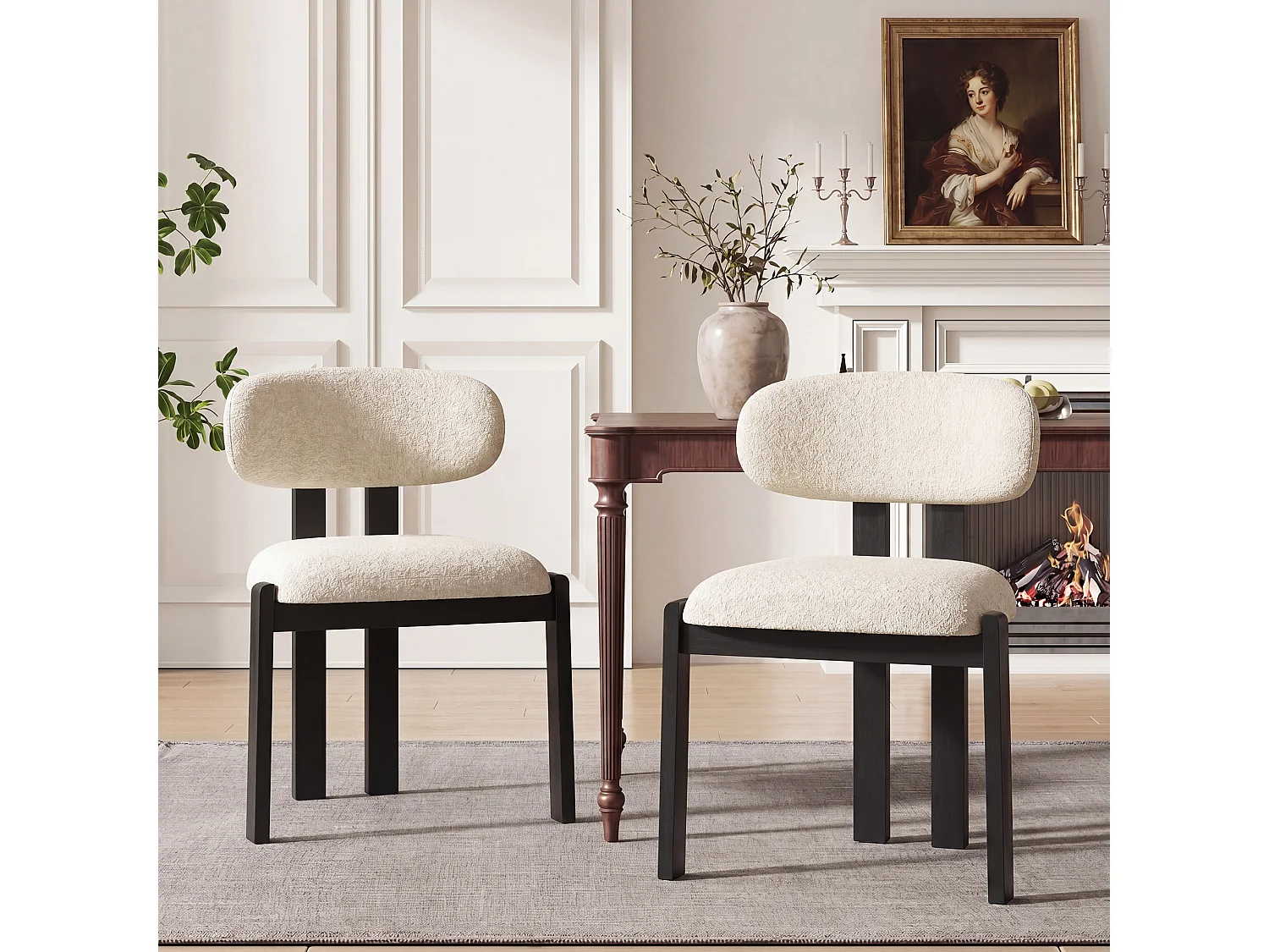 Lot de 2 chaises beige SMARTUE, revêtement en tissu chenille, assise épaisse, dossier incurvé, pieds noirs en bois d’hévéa