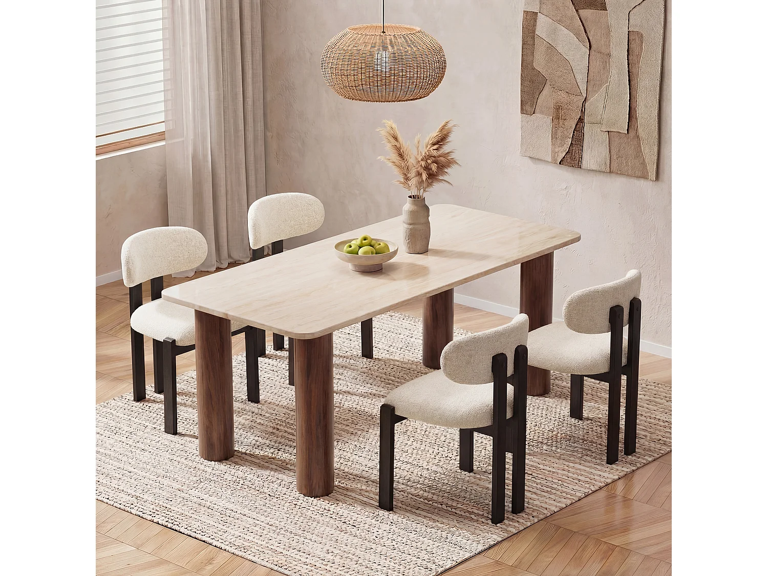 Lot de 2 chaises beige SMARTUE, revêtement en tissu chenille, assise épaisse, dossier incurvé, pieds noirs en bois d’hévéa