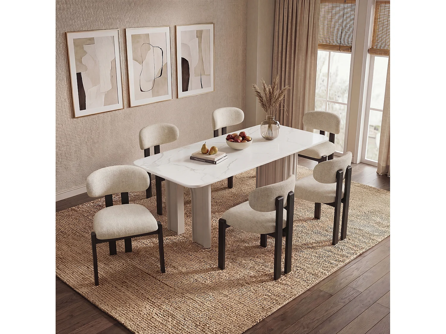 Lot de 2 chaises beige SMARTUE, revêtement en tissu chenille, assise épaisse, dossier incurvé, pieds noirs en bois d’hévéa