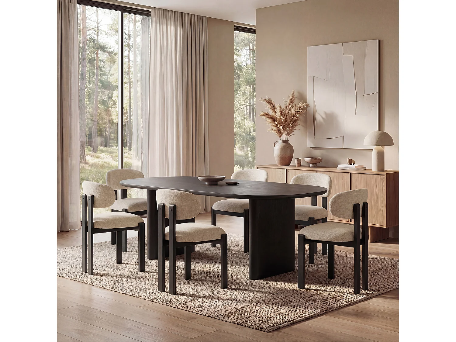 Lot de 2 chaises beige SMARTUE, revêtement en tissu chenille, assise épaisse, dossier incurvé, pieds noirs en bois d’hévéa