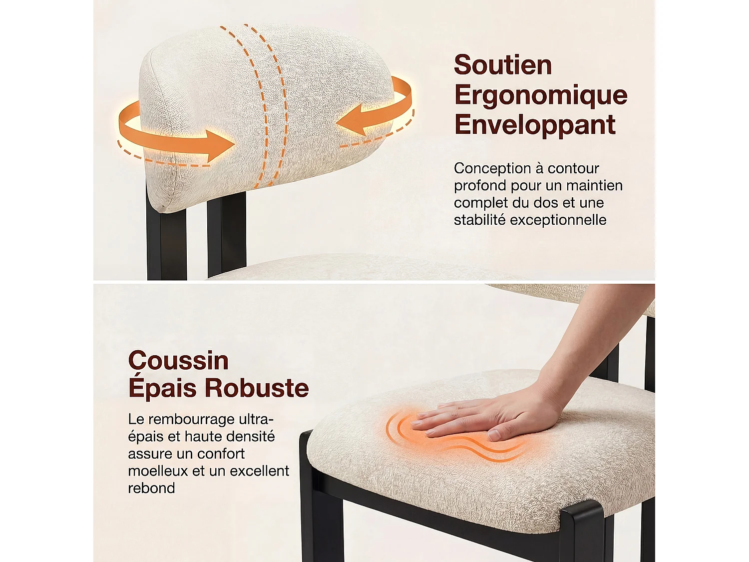 Lot de 2 chaises beige SMARTUE, revêtement en tissu chenille, assise épaisse, dossier incurvé, pieds noirs en bois d’hévéa