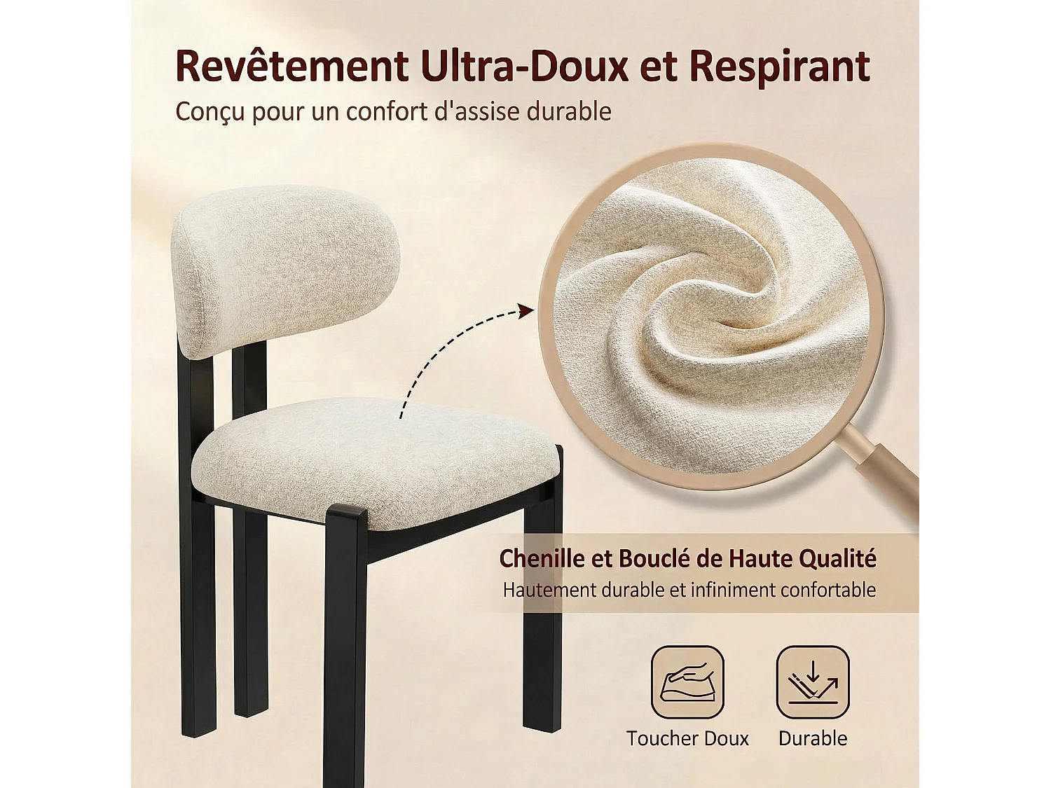 Lot de 2 chaises beige SMARTUE, revêtement en tissu chenille, assise épaisse, dossier incurvé, pieds noirs en bois d’hévéa