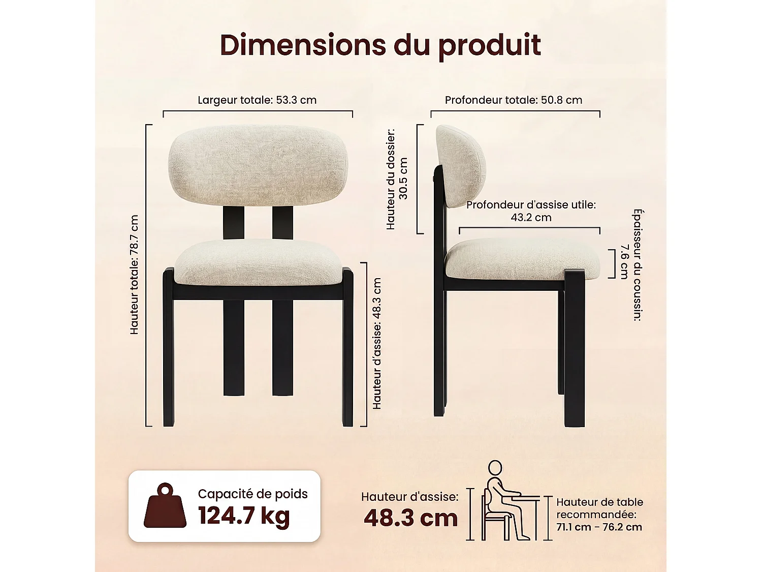 Lot de 2 chaises beige SMARTUE, revêtement en tissu chenille, assise épaisse, dossier incurvé, pieds noirs en bois d’hévéa