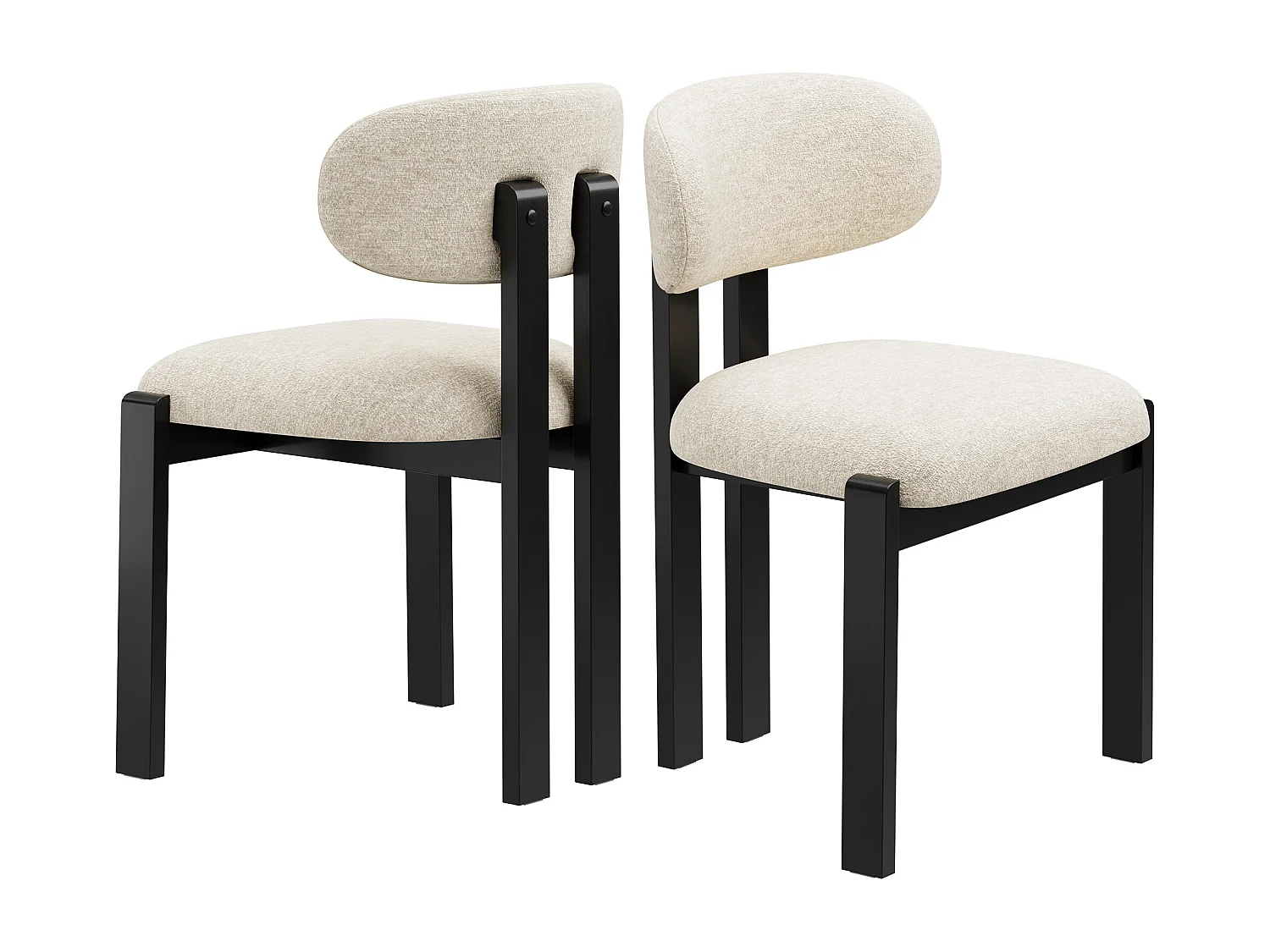 Lot de 2 chaises beige SMARTUE, revêtement en tissu chenille, assise épaisse, dossier incurvé, pieds noirs en bois d’hévéa