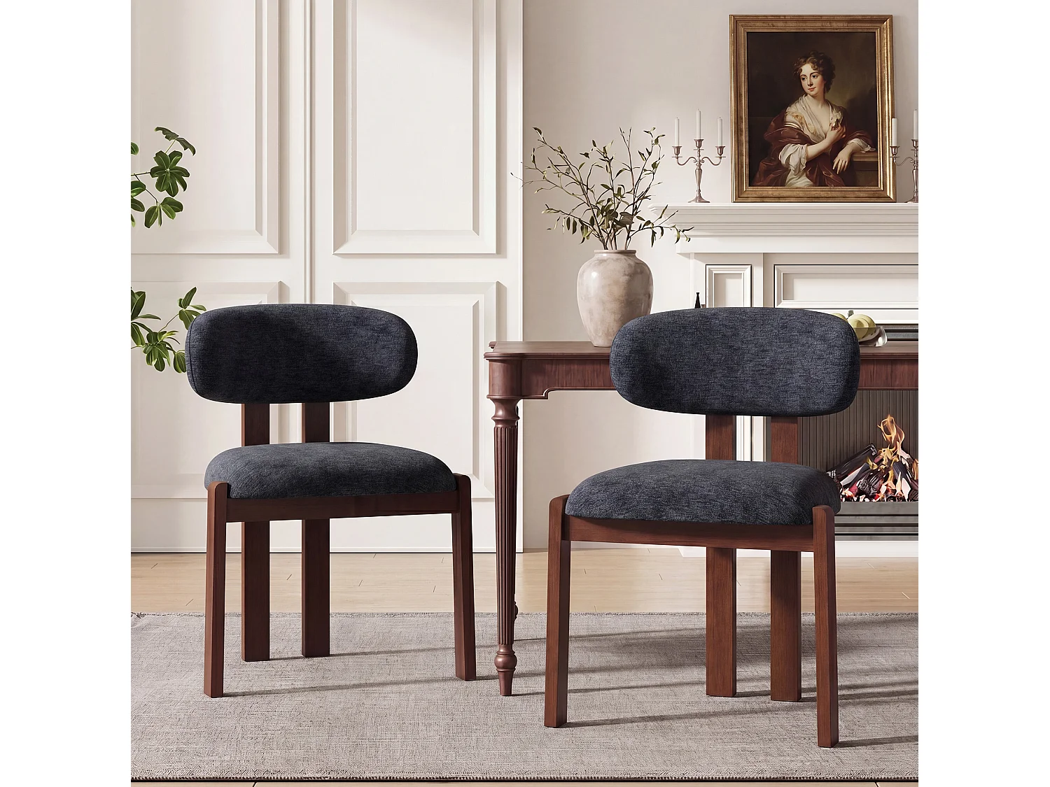 Lot de 2 chaises bleu foncé, revêtement en tissu chenille, assise épaisse, dossier incurvé, pieds en bois d’hévéa