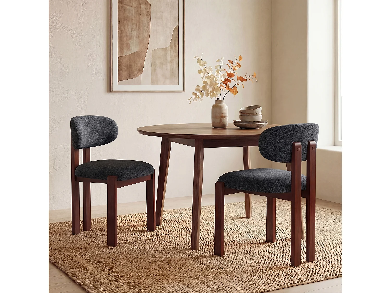 Lot de 2 chaises bleu foncé, revêtement en tissu chenille, assise épaisse, dossier incurvé, pieds en bois d’hévéa