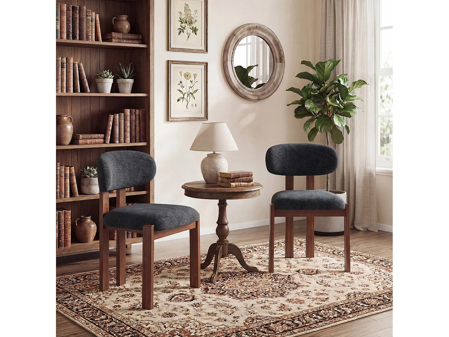 Lot de 2 chaises bleu foncé, revêtement en tissu chenille, assise épaisse, dossier incurvé, pieds en bois d’hévéa