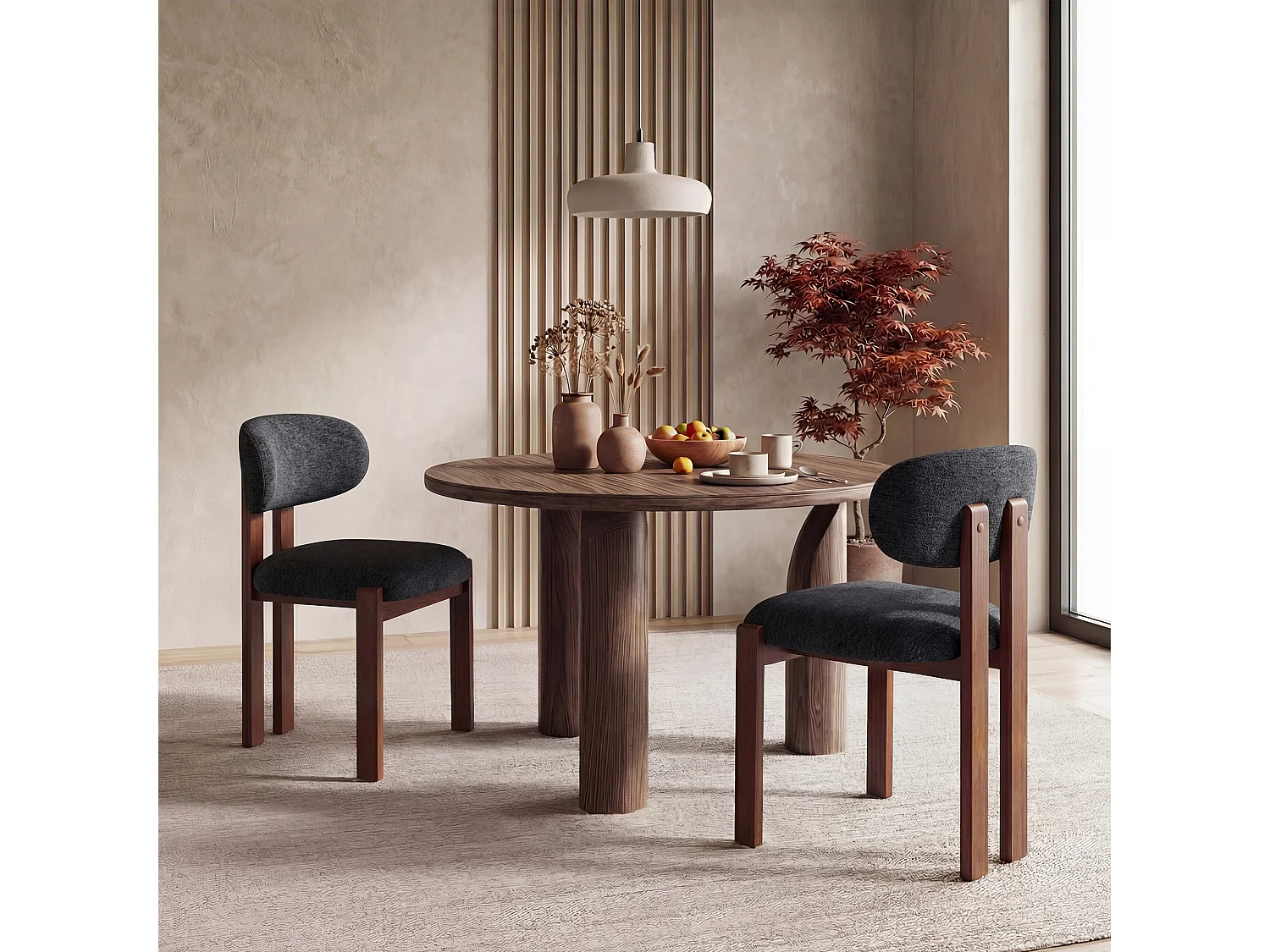 Lot de 2 chaises bleu foncé, revêtement en tissu chenille, assise épaisse, dossier incurvé, pieds en bois d’hévéa