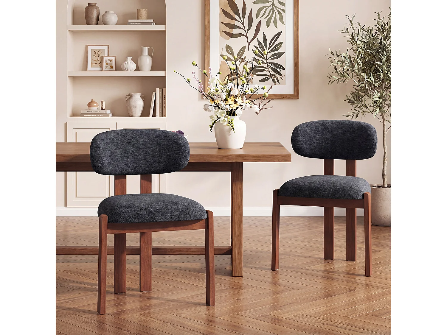 Lot de 2 chaises bleu foncé, revêtement en tissu chenille, assise épaisse, dossier incurvé, pieds en bois d’hévéa