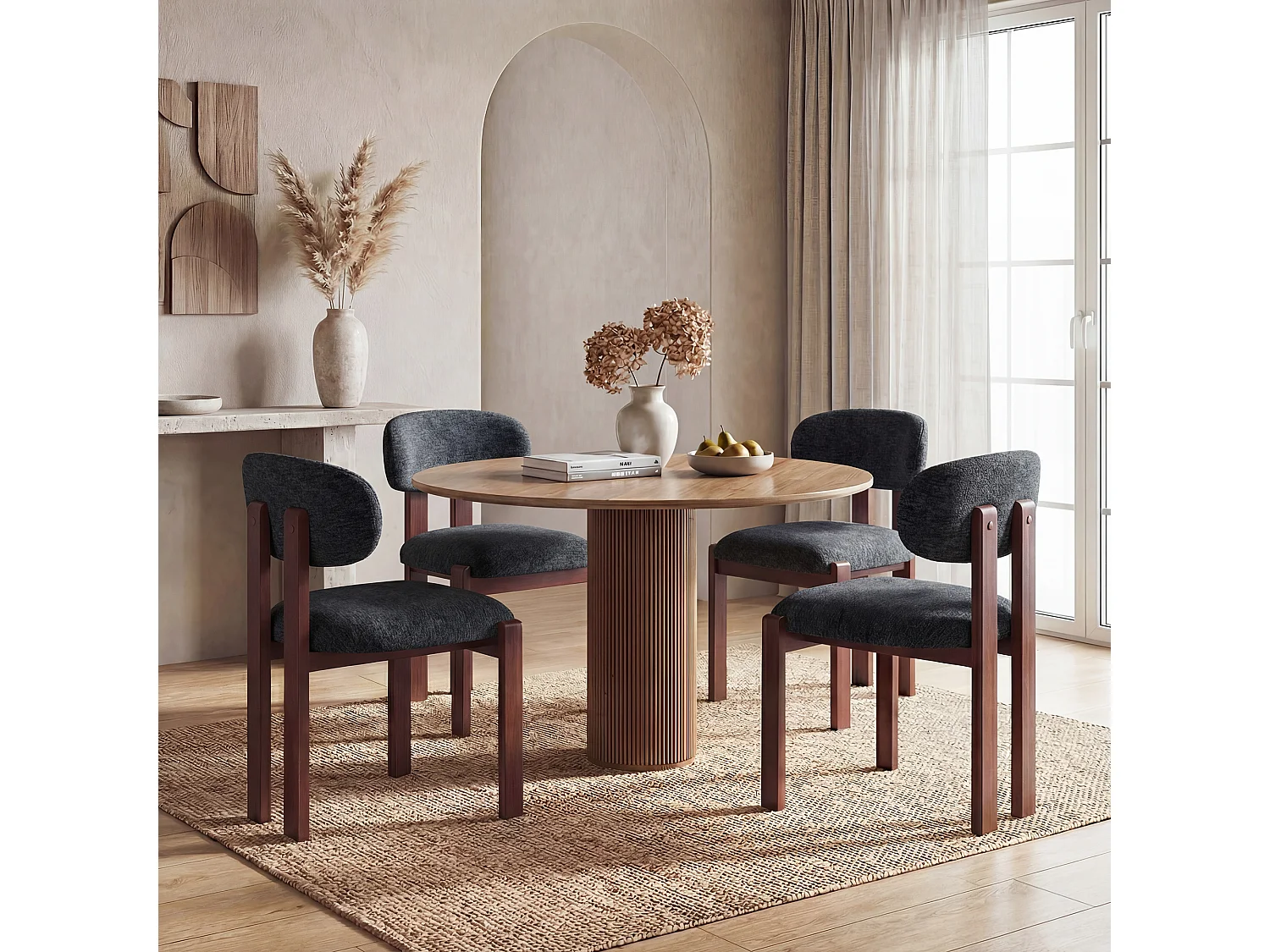 Lot de 2 chaises bleu foncé, revêtement en tissu chenille, assise épaisse, dossier incurvé, pieds en bois d’hévéa