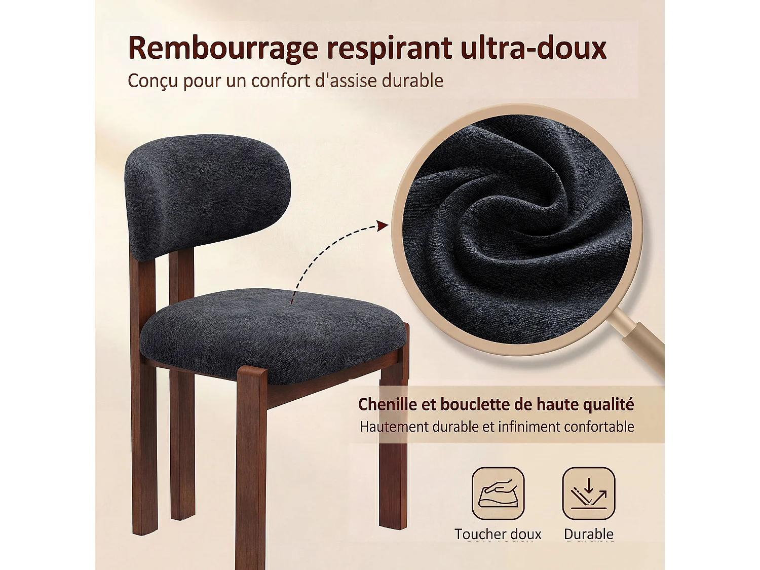 Lot de 2 chaises bleu foncé, revêtement en tissu chenille, assise épaisse, dossier incurvé, pieds en bois d’hévéa