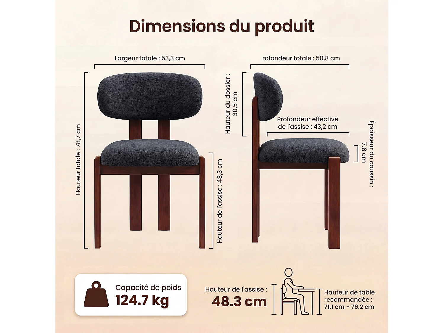 Lot de 2 chaises bleu foncé, revêtement en tissu chenille, assise épaisse, dossier incurvé, pieds en bois d’hévéa