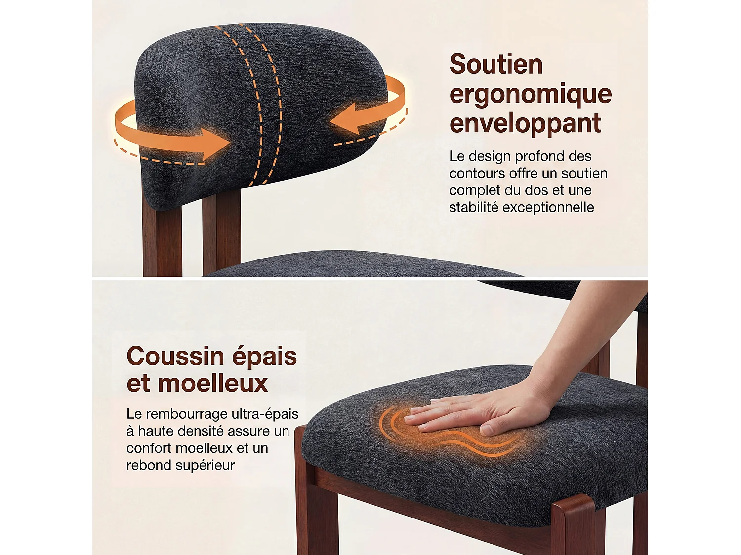 Lot de 2 chaises bleu foncé, revêtement en tissu chenille, assise épaisse, dossier incurvé, pieds en bois d’hévéa