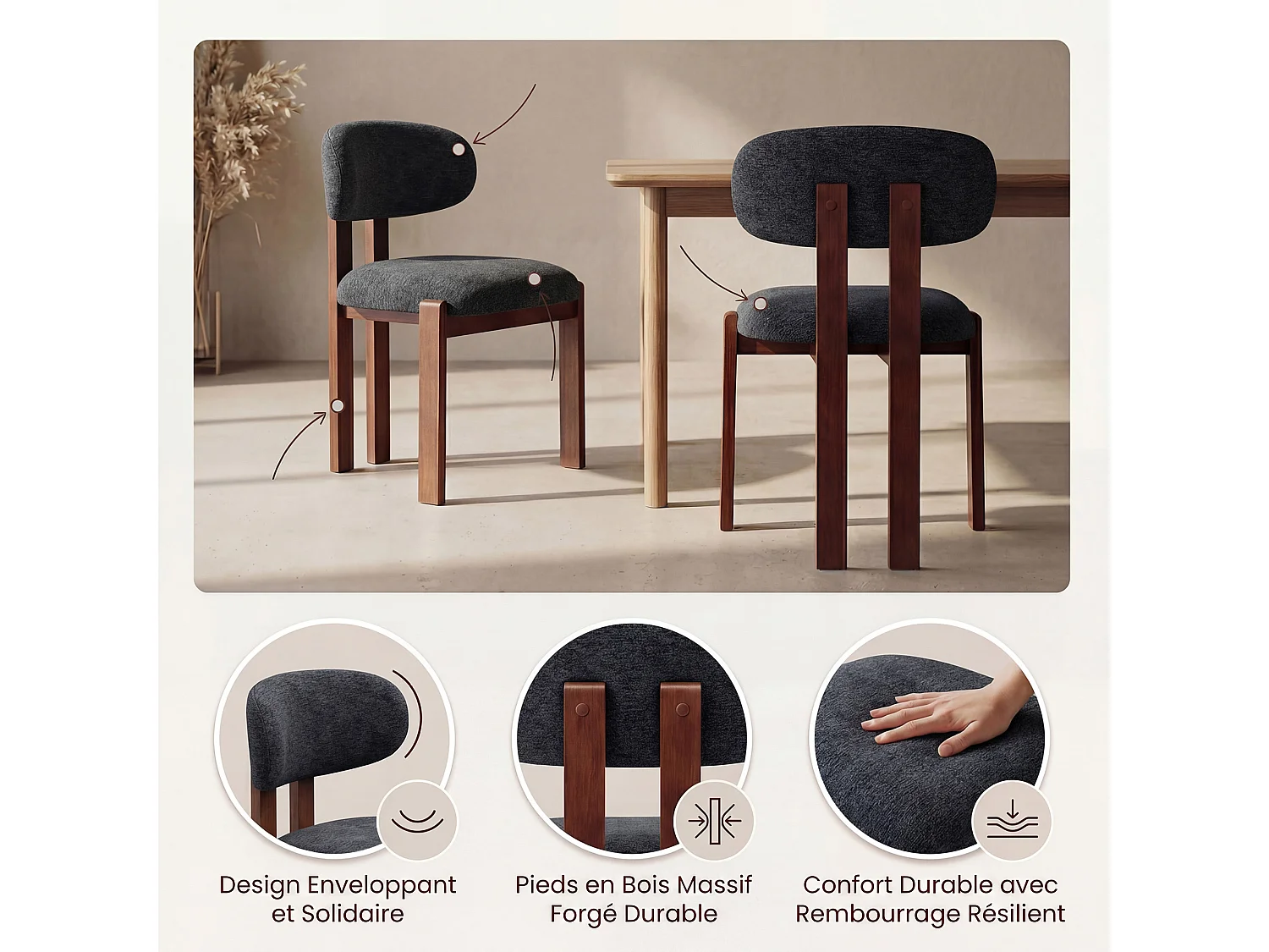 Lot de 2 chaises bleu foncé, revêtement en tissu chenille, assise épaisse, dossier incurvé, pieds en bois d’hévéa