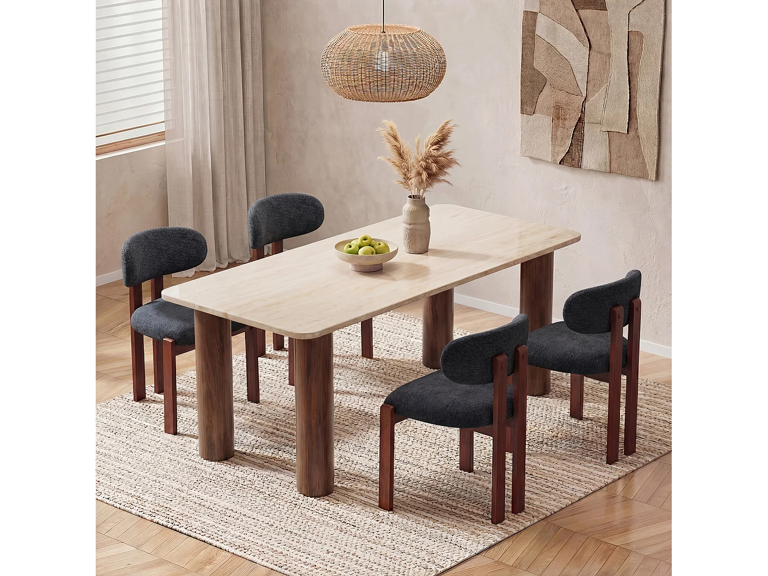 Lot de 2 chaises bleu foncé, revêtement en tissu chenille, assise épaisse, dossier incurvé, pieds en bois d’hévéa