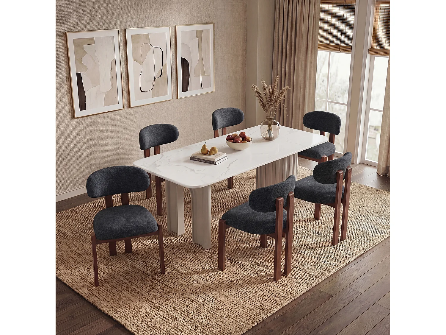 Lot de 2 chaises bleu foncé, revêtement en tissu chenille, assise épaisse, dossier incurvé, pieds en bois d’hévéa