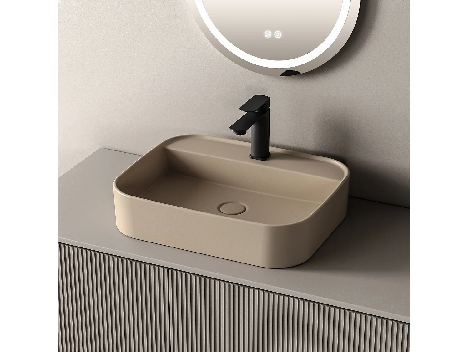 EMKE Vasque à Poser 40 x 50 x 11 cm, Lavabo Rectangulaire en Céramique pour Salle de Bain, Coins Arrondis R, Beige Mat