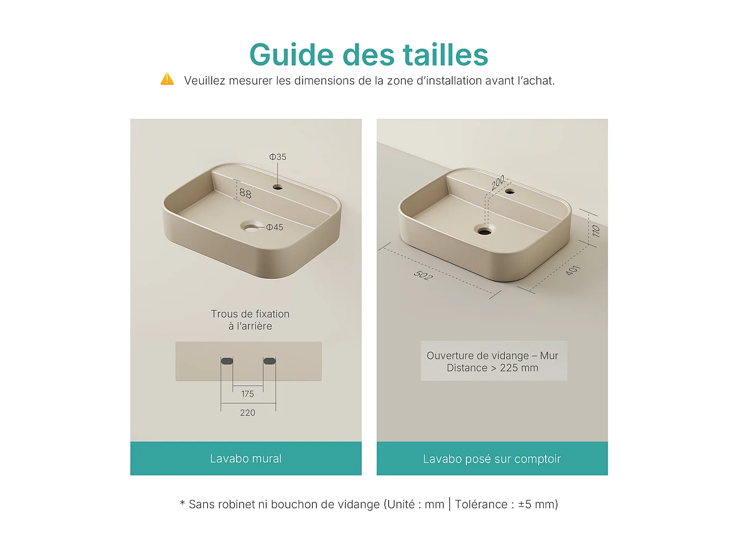 EMKE Vasque à Poser 40 x 50 x 11 cm, Lavabo Rectangulaire en Céramique pour Salle de Bain, Coins Arrondis R, Beige Mat