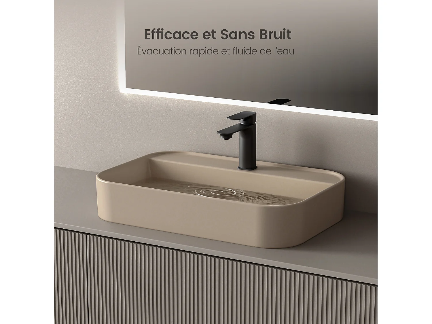 EMKE Vasque à Poser 40 x 50 x 11 cm, Lavabo Rectangulaire en Céramique pour Salle de Bain, Coins Arrondis R, Beige Mat