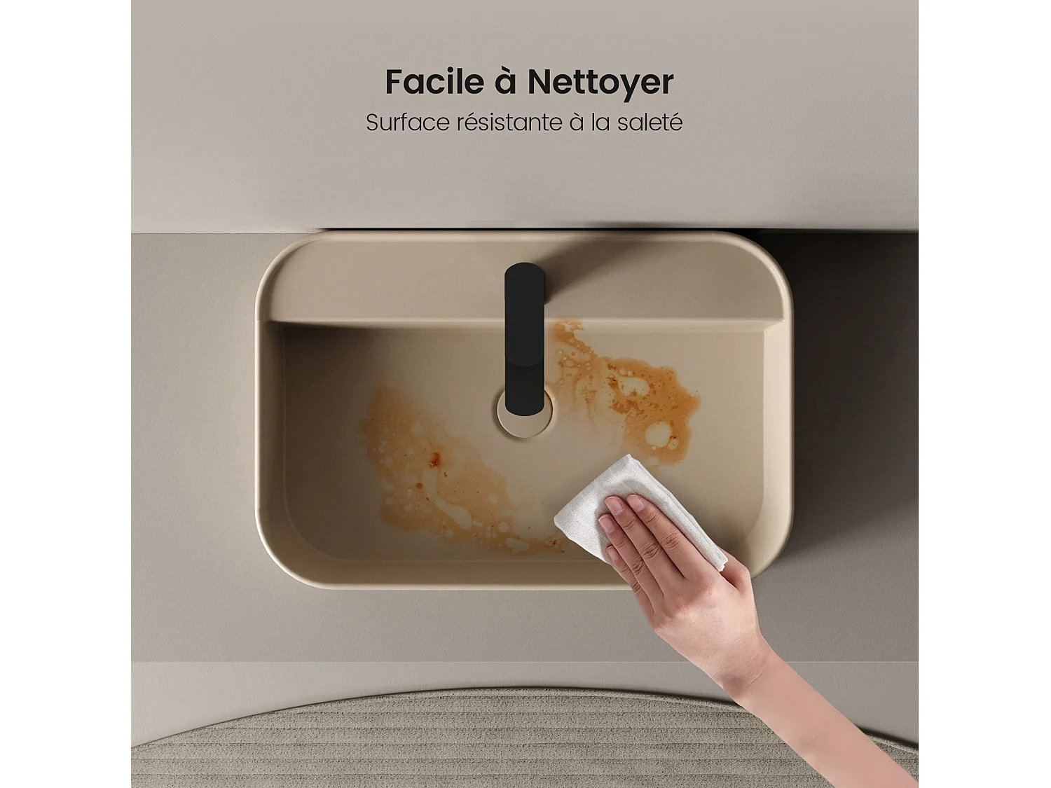 EMKE Vasque à Poser 40 x 50 x 11 cm, Lavabo Rectangulaire en Céramique pour Salle de Bain, Coins Arrondis R, Beige Mat