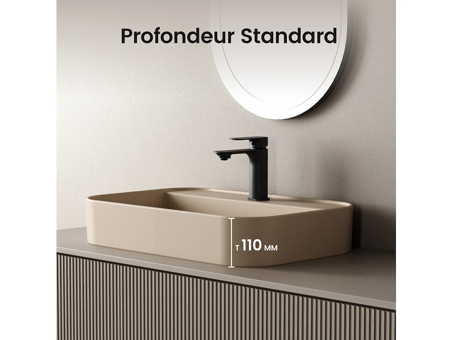 EMKE Vasque à Poser 40 x 50 x 11 cm, Lavabo Rectangulaire en Céramique pour Salle de Bain, Coins Arrondis R, Beige Mat