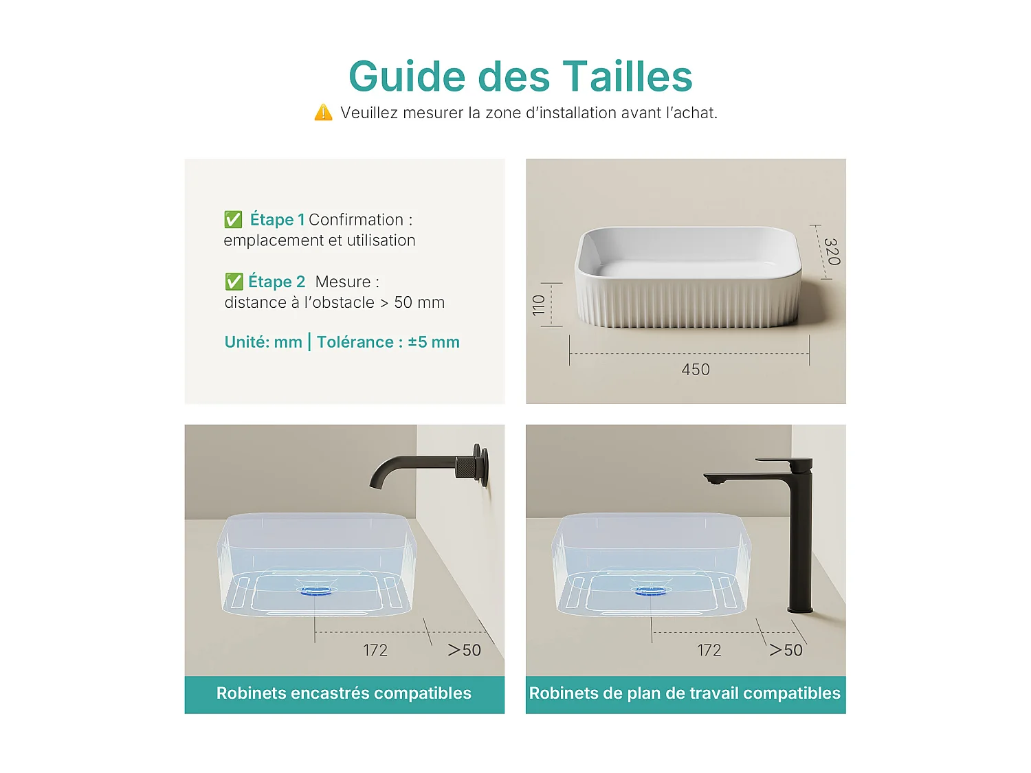 EMKE rechthoekige keramische wastafel 450 x 320 x 110 mm, glanzend wit