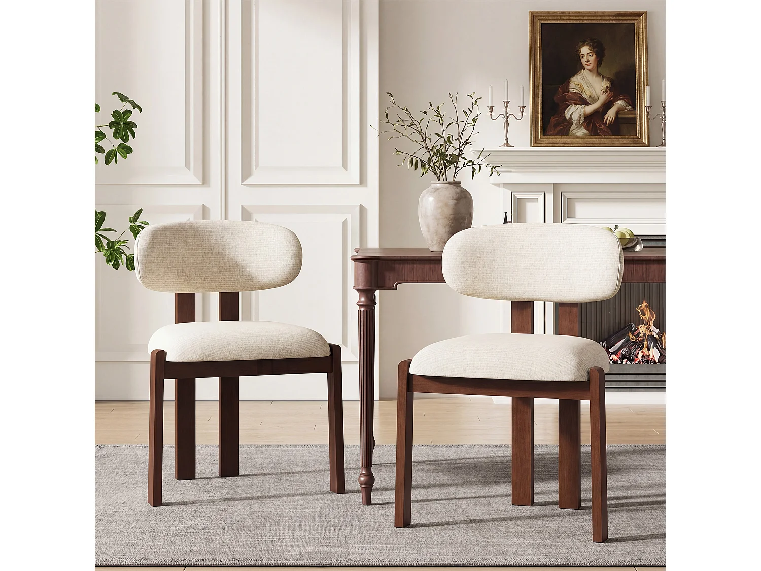 Lot de 2 chaises beige SMARTUE, revêtement en tissu chenille, assise épaisse, dossier incurvé, pieds en bois d’hévéa couleur noyer foncé