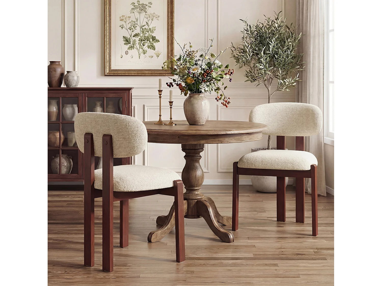 Lot de 2 chaises beige SMARTUE, revêtement en tissu chenille, assise épaisse, dossier incurvé, pieds en bois d’hévéa couleur noyer foncé