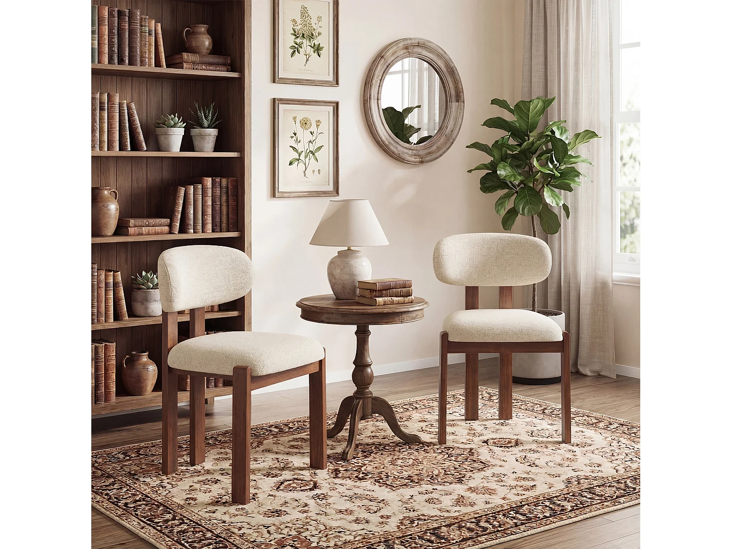 Lot de 2 chaises beige SMARTUE, revêtement en tissu chenille, assise épaisse, dossier incurvé, pieds en bois d’hévéa couleur noyer foncé