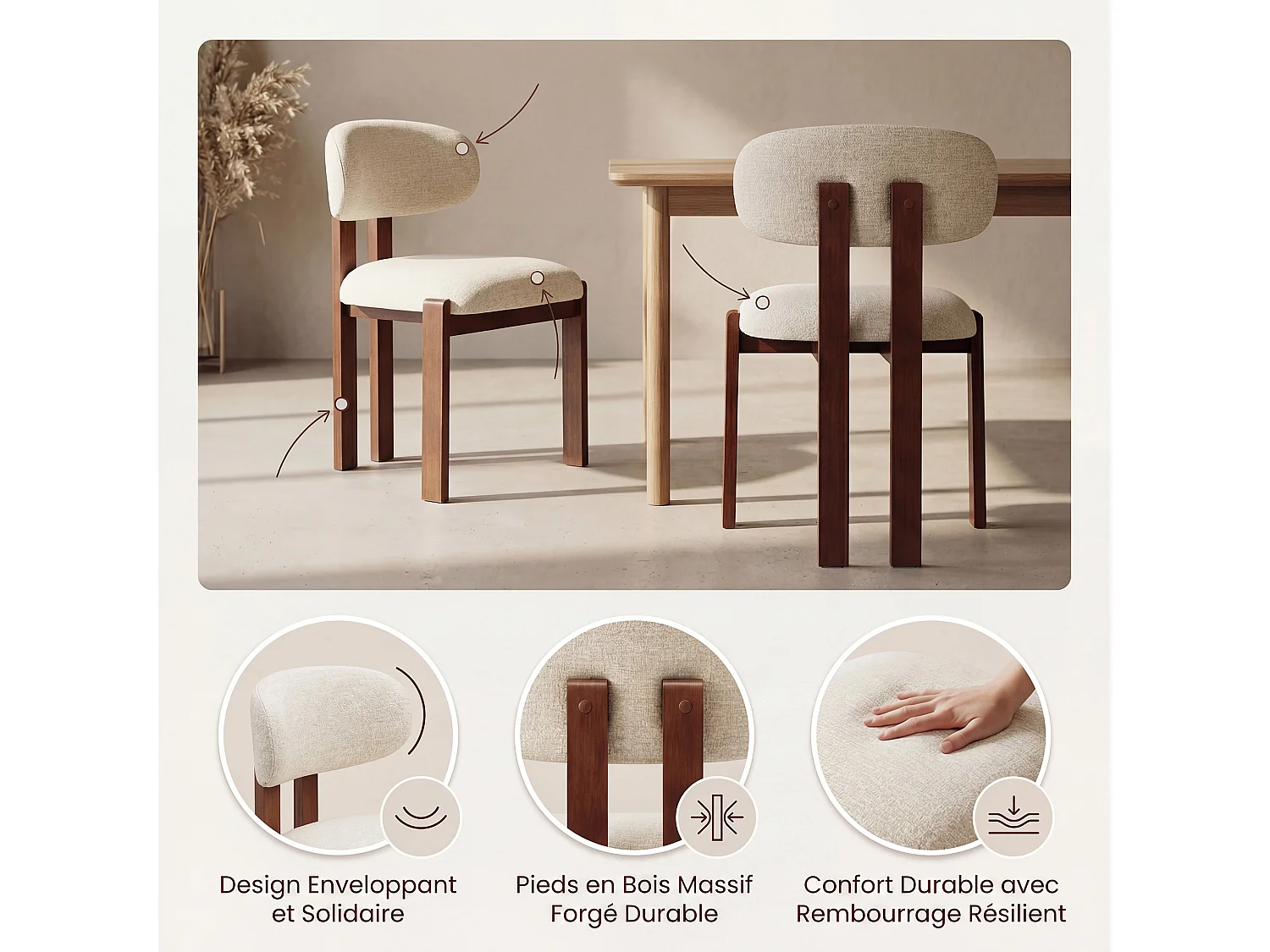 Lot de 2 chaises beige SMARTUE, revêtement en tissu chenille, assise épaisse, dossier incurvé, pieds en bois d’hévéa couleur noyer foncé