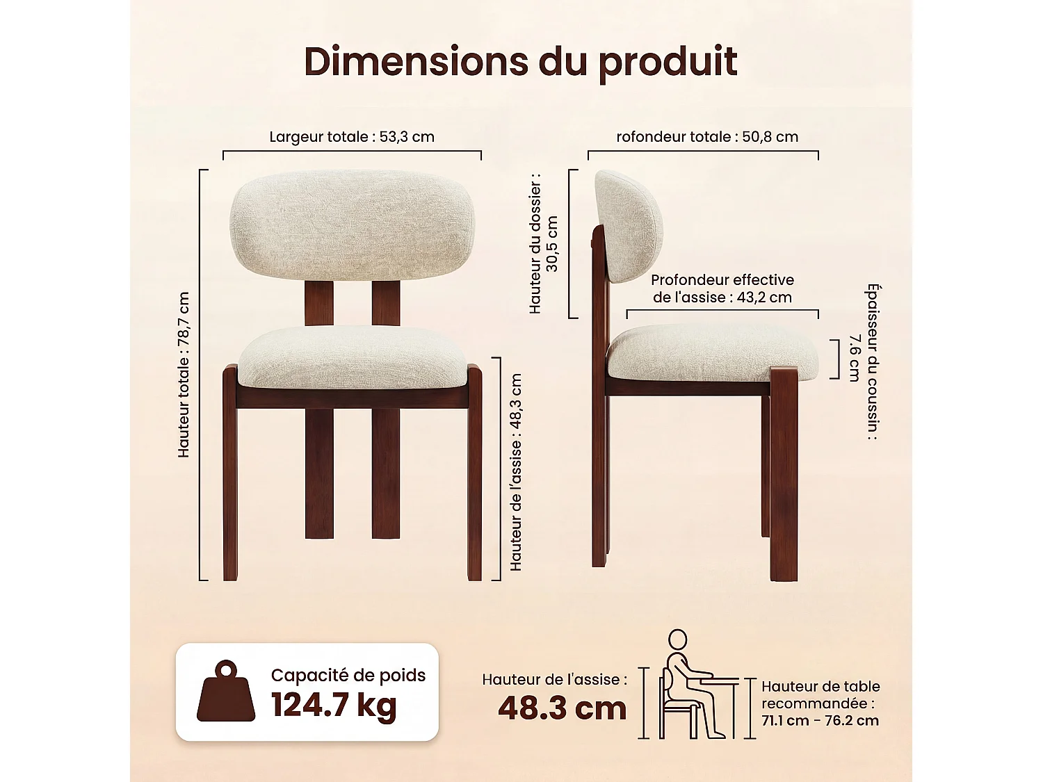 Lot de 2 chaises beige SMARTUE, revêtement en tissu chenille, assise épaisse, dossier incurvé, pieds en bois d’hévéa couleur noyer foncé