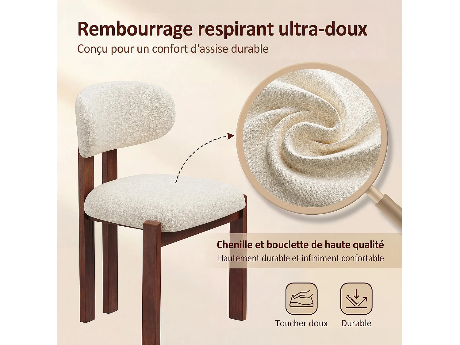 Lot de 2 chaises beige SMARTUE, revêtement en tissu chenille, assise épaisse, dossier incurvé, pieds en bois d’hévéa couleur noyer foncé