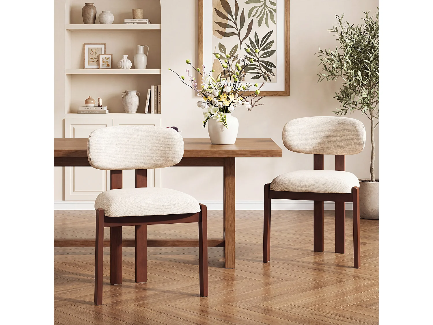 2er-Set Stühle Beige SMARTUE, Chenille-Stoffbezug, dicke Sitzfläche, gebogene Rückenlehne, Beine aus Gummibaumholz in dunkler Walnussfarbe