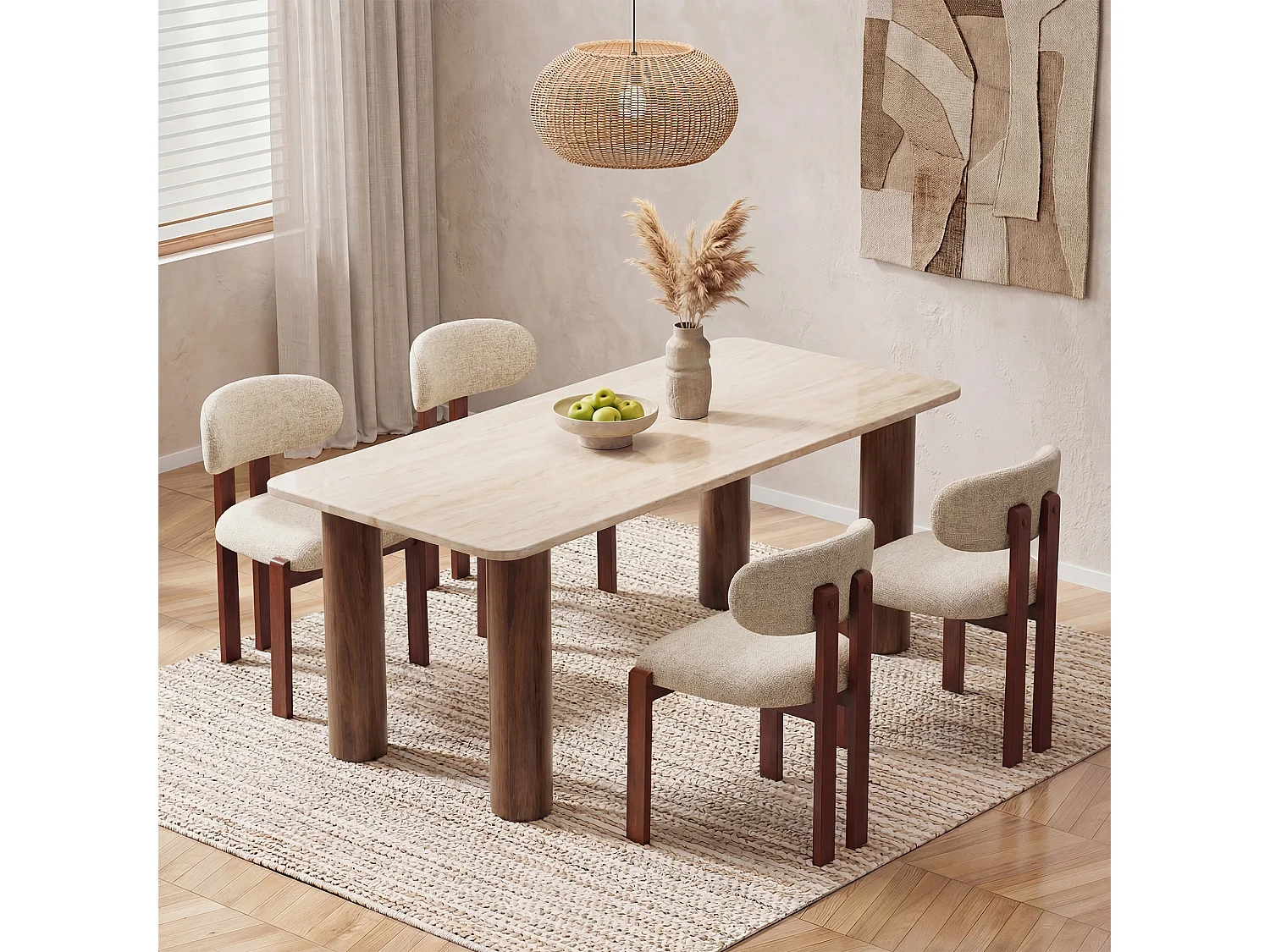 2er-Set Stühle Beige SMARTUE, Chenille-Stoffbezug, dicke Sitzfläche, gebogene Rückenlehne, Beine aus Gummibaumholz in dunkler Walnussfarbe