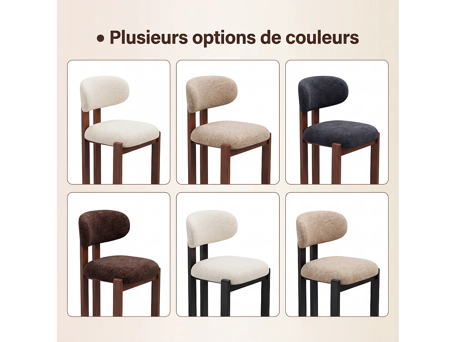 2er-Set Stühle Beige SMARTUE, Chenille-Stoffbezug, dicke Sitzfläche, gebogene Rückenlehne, Beine aus Gummibaumholz in dunkler Walnussfarbe