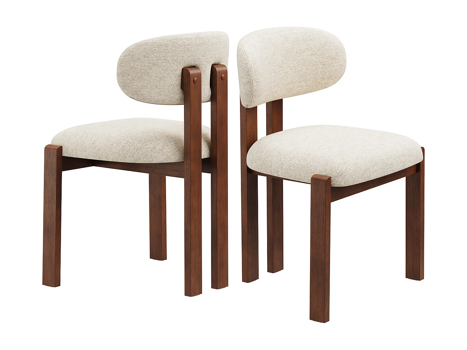 Lot de 2 chaises beige SMARTUE, revêtement en tissu chenille, assise épaisse, dossier incurvé, pieds en bois d’hévéa couleur noyer foncé