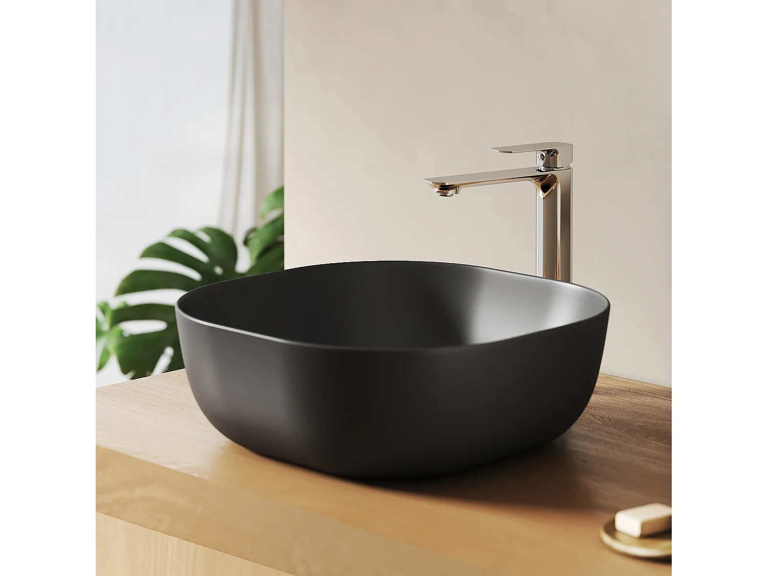 EMKE Mattschwarzes Keramikwaschbecken, 415 x 415 x 145 mm, Quadratisches Aufsatzwaschbecken ohne Hahnloch