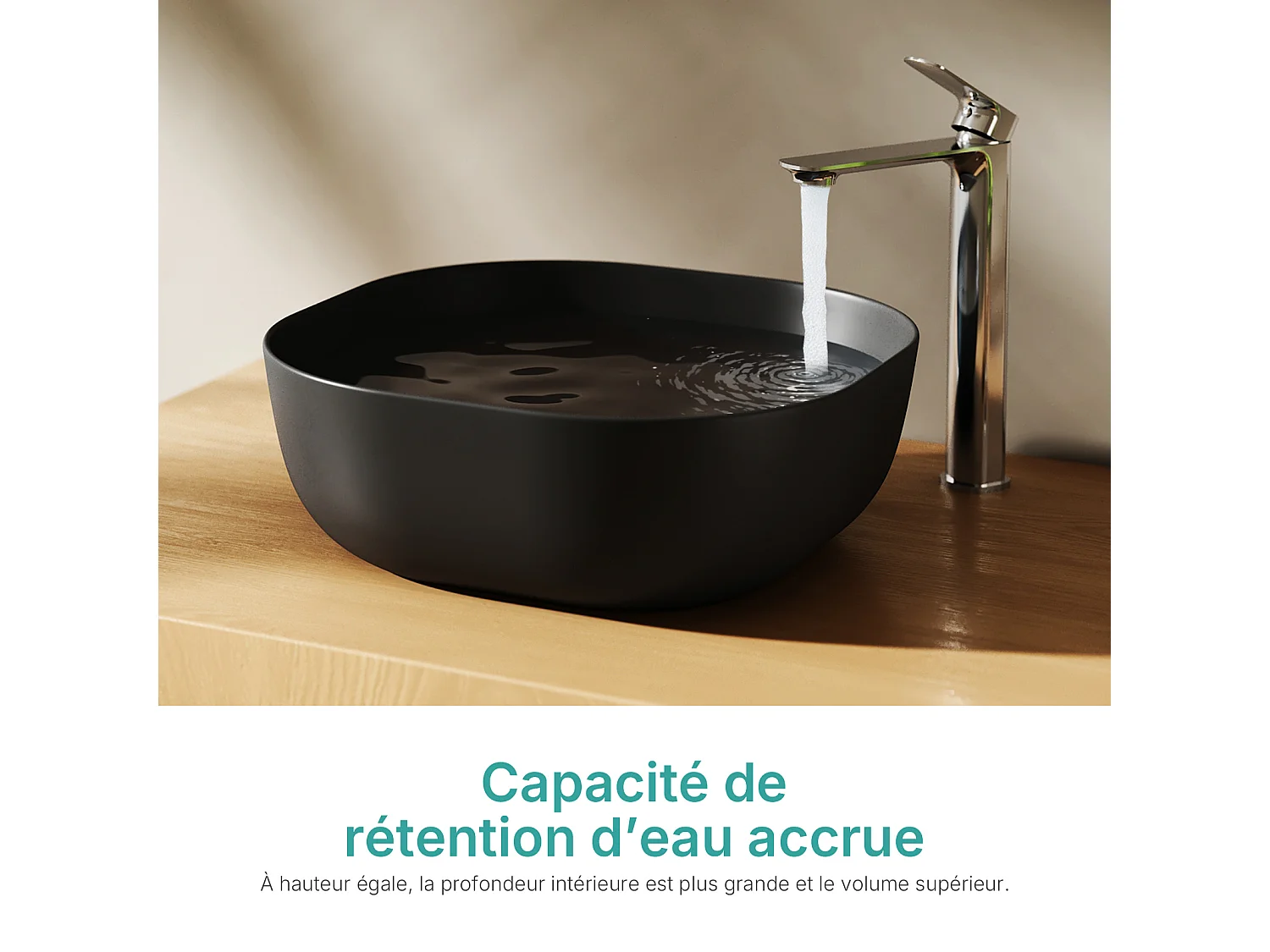 EMKE Mattschwarzes Keramikwaschbecken, 415 x 415 x 145 mm, Quadratisches Aufsatzwaschbecken ohne Hahnloch