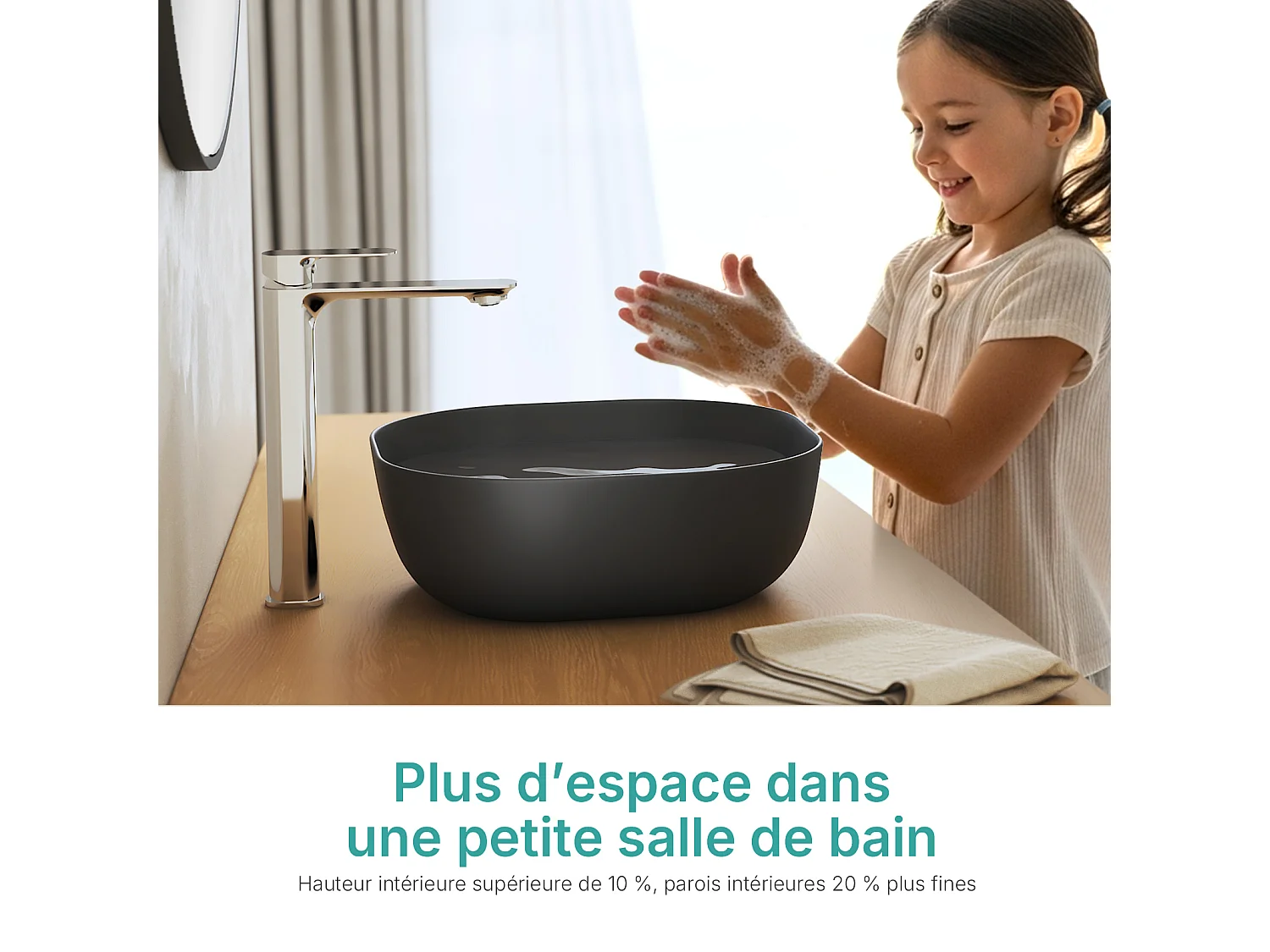 EMKE Mattschwarzes Keramikwaschbecken, 415 x 415 x 145 mm, Quadratisches Aufsatzwaschbecken ohne Hahnloch