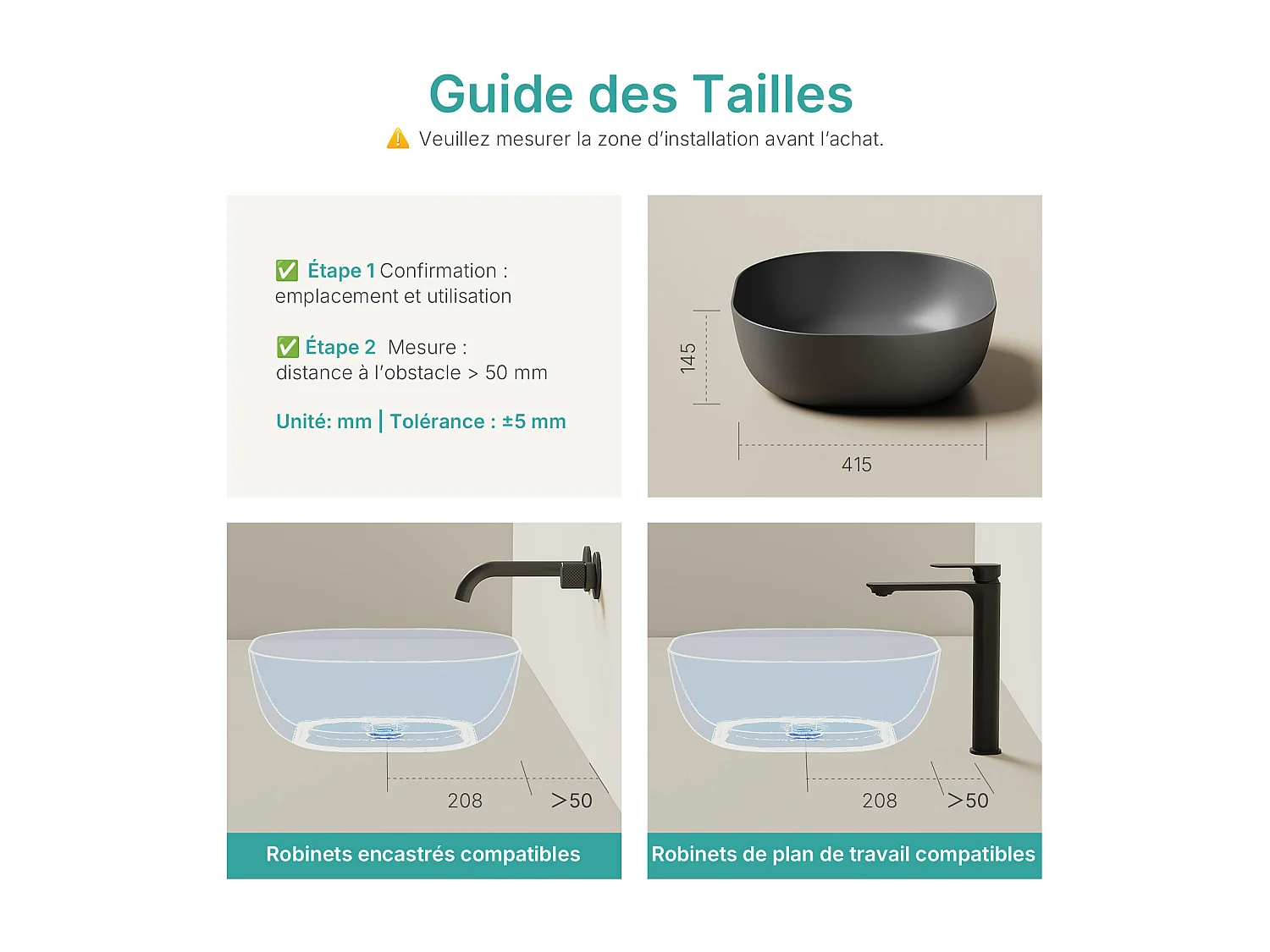 EMKE Mattschwarzes Keramikwaschbecken, 415 x 415 x 145 mm, Quadratisches Aufsatzwaschbecken ohne Hahnloch