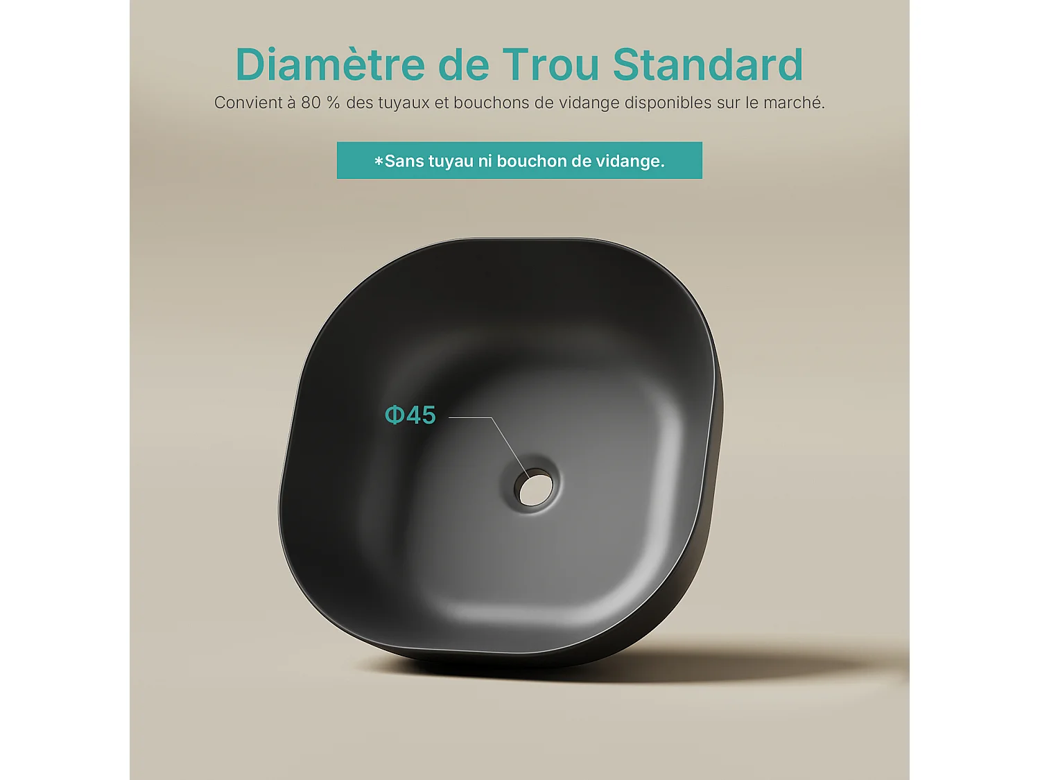 EMKE Mattschwarzes Keramikwaschbecken, 415 x 415 x 145 mm, Quadratisches Aufsatzwaschbecken ohne Hahnloch