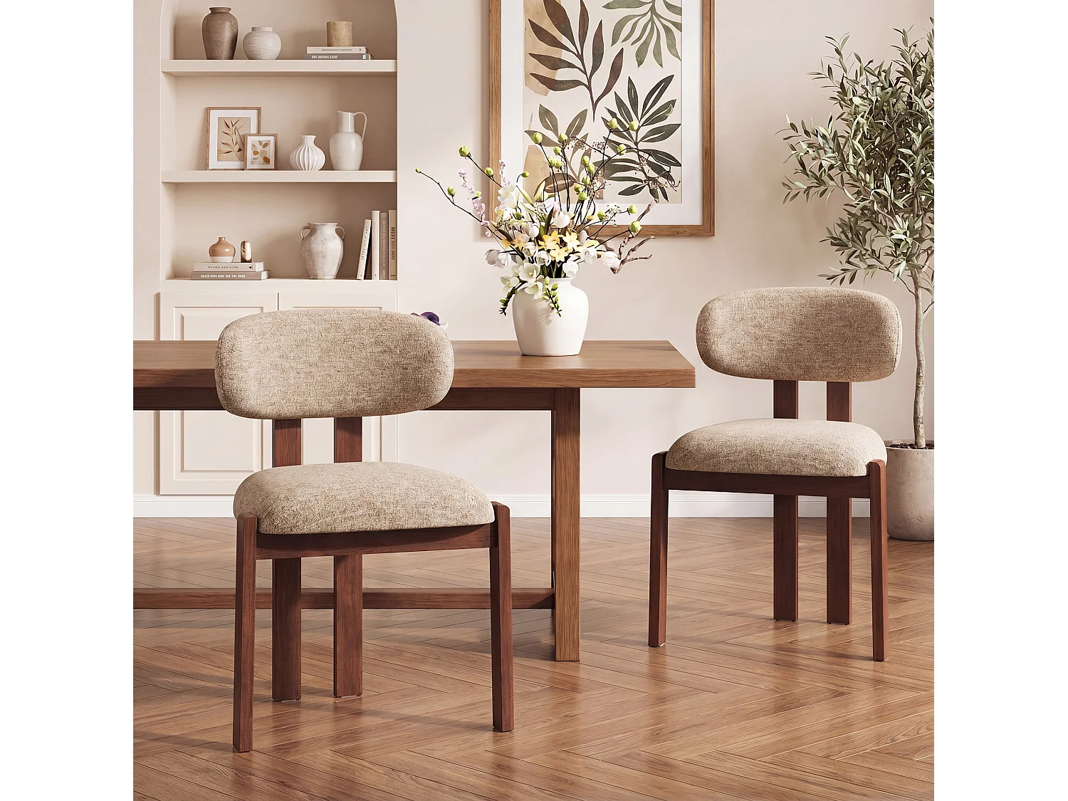 Lot de 2 chaises camel SMARTUE, revêtement en tissu chenille, assise épaisse, dossier incurvé, pieds en bois d’hévéa couleur noyer foncé